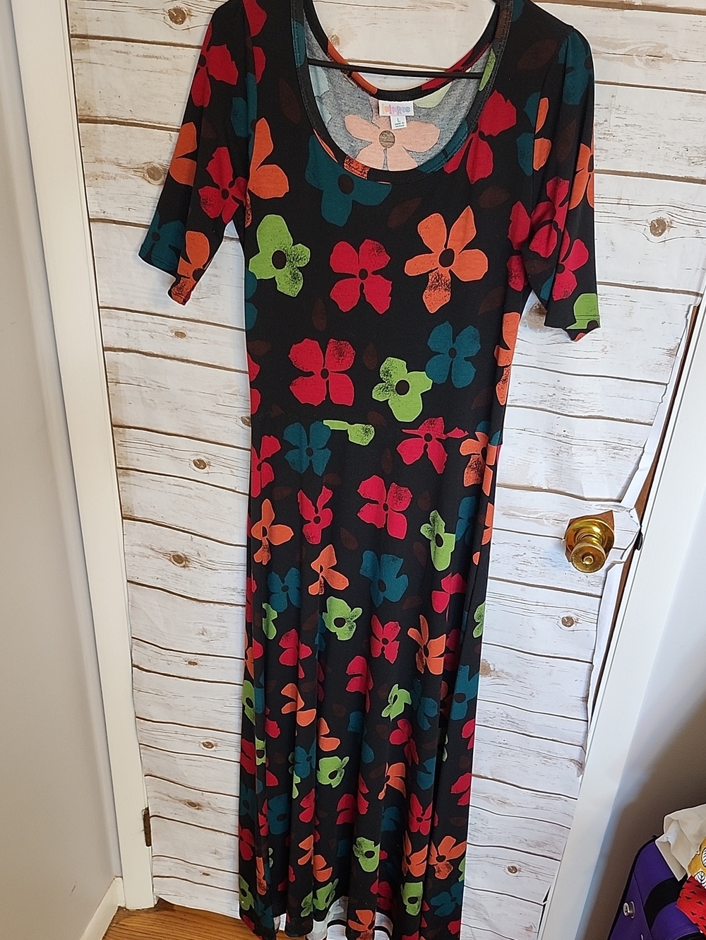 LuLaRoe Black Maxi Dress with Red, Orange, Green & Teal Floral Print